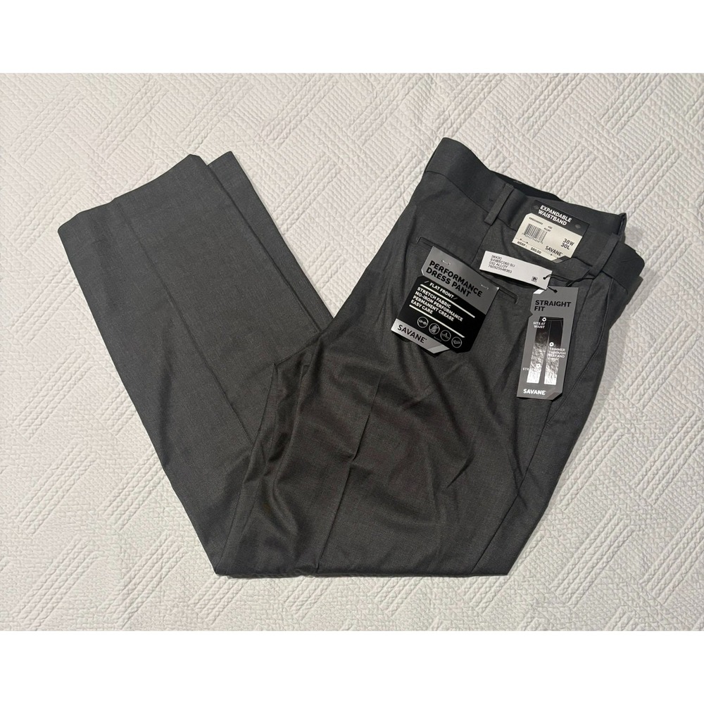 Savane Men's Performance Dress Pants Straight Fit Flat Front NWT Gray 38x30
